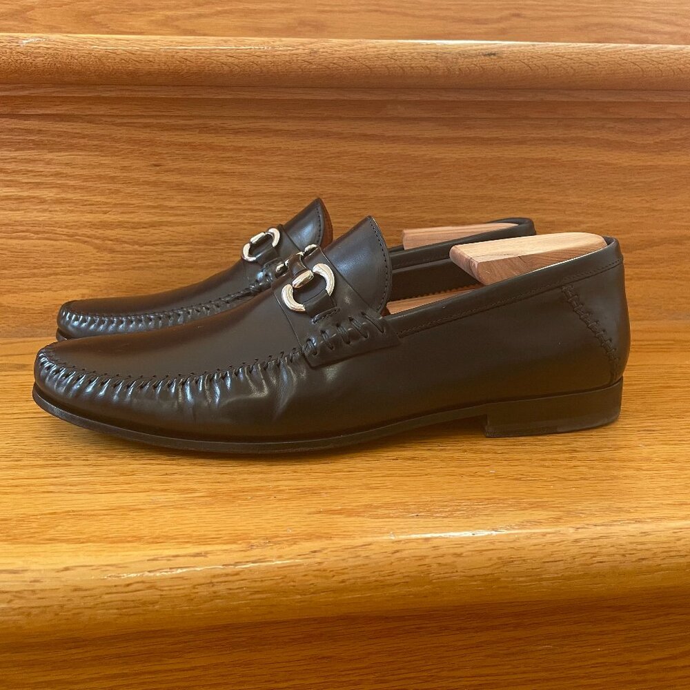 Santoni Leather Horsebit Loafer SZ 8.5 Black Slip On Moc Dress Shoe